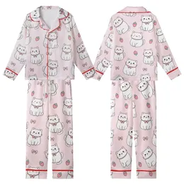 Cat Lovers' Adorable Plump Pastel Pink Cartoon Cats Strawberry Bow Pattern Kid Satin Pajamas Set