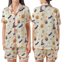Whimsical Halloween Enthusiasts' Cream Orange Indigo Jack-o'-Lantern Ghost Bat Sweet Treats Pattern Satin Short-Sleeve Pajamas Set
