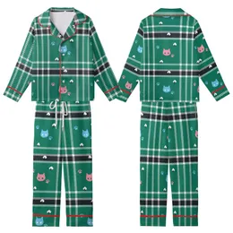 Cat Lovers' Bold Green Black White Tartan Plaid Pink Blue Stylized Cat Heads & Paw Prints Graphic Kid Satin Pajamas Set