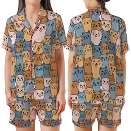 Cat Lovers' All-Over Seamless Cute Expressive Cartoon Cats Pattern, Flat Vector Art, Peach, Blue, Caramel, Pink on White Satin Short-Sleeve Pajamas Set