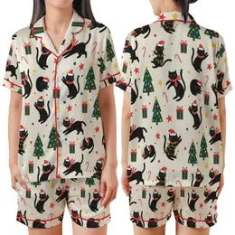 Festive Cat Lovers' Whimsical Black Cat Holiday Pattern with Red Santa Hats, Green Lights & Christmas Trees on Cream Satin Short-Sleeve Pajamas Set