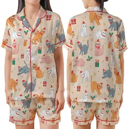 Christmas Cat Lovers' Whimsical Peach Festive Felines, Holly, Gifts & Golden Stars Pattern Satin Short-Sleeve Pajamas Set