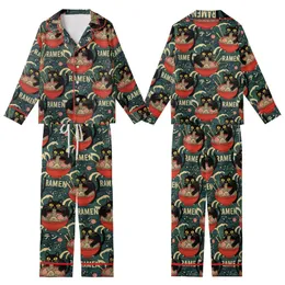 Cat & Ramen Lovers' Vintage Japanese Black Cat Red Ramen Ukiyo-e Teal Wave Pattern Kid Satin Pajamas Set