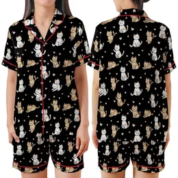 Cat Lovers' Cute Cartoon Cats Tan Striped White Orange Pink Hearts Black Pattern Satin Short-Sleeve Pajamas Set