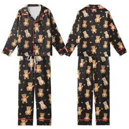 Sweet Style Enthusiasts' Charcoal Black Plush Caramel Bear Hearts Orange Flowers Seamless Pattern Kid Satin Pajamas Set