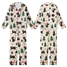 Festive Cat Lovers' Whimsical Black Cat Holiday Pattern with Red Santa Hats, Green Lights & Christmas Trees on Cream Kid Satin Pajamas Set