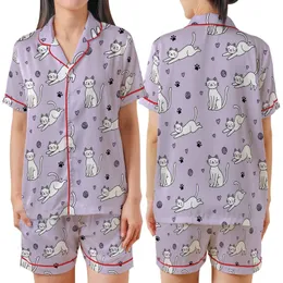 Cat Lovers' Whimsical Flat White Cartoon Cats, Black Paw Prints & Yarn Balls on Light Lavender Pattern Satin Short-Sleeve Pajamas Set