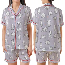 Cat Lovers' Whimsical Lavender Playful White Outline Cartoon Cat Pink Polka Dot Pattern Satin Short-Sleeve Pajamas Set