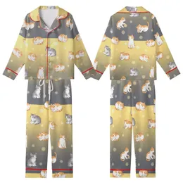 Cat Lovers' Adorable Illustrative Baby Kittens Ginger Grey White Playful Poses Yellow Orange Dreamy Circles Kid Satin Pajamas Set
