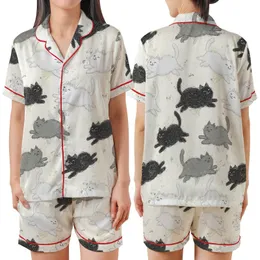 Cat Lovers' Whimsical Fluffy Happy Cats Sketchy Seamless Pattern Black White Grey Beige Distressed Satin Short-Sleeve Pajamas Set