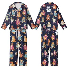 Cat Lovers' Whimsical Cartoon Cat Ensemble Playing Music Baking Sailing DJing on Deep Navy Kid Satin Pajamas Set
