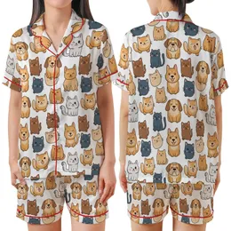Pet Lovers' Whimsical White Orange Tan Brown Slate Blue Cartoon Cat Dog Seamless Pattern Satin Short-Sleeve Pajamas Set