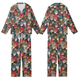 Animal Lovers' All-Over Whimsical Winter Cats Foxes Owls Colorful Knitted Beanie Pattern Kid Satin Pajamas Set