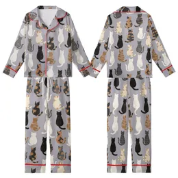 Cat Lovers' Artistic Feline Friends From Behind Repeat Pattern Muted Lavender-Grey Multi-Tone Furs Kid Satin Pajamas Set