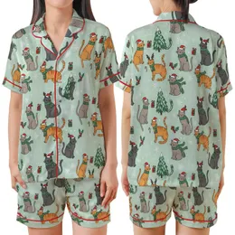 Festive Cat Lovers' Whimsical Mint Green Christmas Cats Pattern with Red Santa Hats & Holly Satin Short-Sleeve Pajamas Set