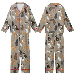 Cat Lovers' Illustrative Semi-Realistic Scattered Domestic Cat Natural Fur Greige-Taupe Pattern Kid Satin Pajamas Set