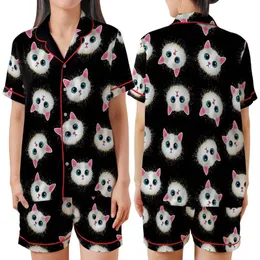 Cat Lovers' Illustrative Grunge Curious Cat Faces Blue Eyed Scattered Pattern Colorful Paint Splatters Black Satin Short-Sleeve Pajamas Set