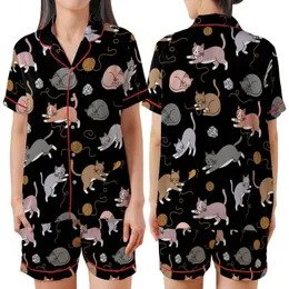Cat Lovers' Whimsical Black Playful Hand-Drawn Cartoon Cats Seamless Pattern with Muted Greys Pink Lavender & Orange Accents Satin Short-Sleeve Pajamas Set