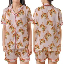 Cat Lovers' Realistic Illustrated Ginger Tabby Cats Playfully Peeking Seamless Warm Orange Brown Cream Soft Pink Pattern Satin Short-Sleeve Pajamas Set