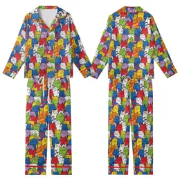 Cat Lovers' Whimsical Cartoon Cat Doodle Pattern in Vibrant Multi-Color with Stars and Paw Prints Kid Satin Pajamas Set