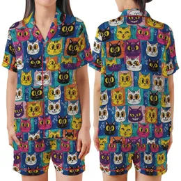 Cat Lovers' Playful Multi-Color Cartoon Cat Faces Block Mosaic with Teal Pink Purple Yellow Graffiti Accents Satin Short-Sleeve Pajamas Set
