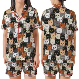Cat Lovers' Whimsical Seamless Diverse Cat Faces Pattern Deep Charcoal Grey White Black Ginger Felines Satin Short-Sleeve Pajamas Set