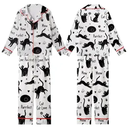 Cat Lover's Whimsical Black Cats Seamless Pattern: Playful Kittens, Butterfly & 'Meow' Text Kid Satin Pajamas Set