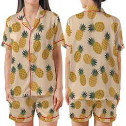 Playful Tropical Design: Golden Pineapples, Olive Hearts on Pale Peach - Fabric Art Kid Satin Pajamas Set