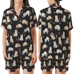 Cat Lovers' Charcoal Black Playful Sleepy Cartoon Cat Pattern Pale Off-White & Beige Kittens White 'cute cat' Text Satin Short-Sleeve Pajamas Set