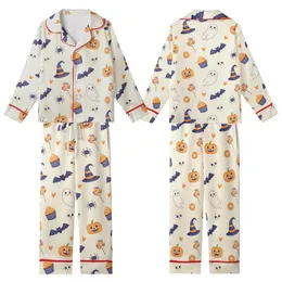 Whimsical Halloween Enthusiasts' Cream Orange Indigo Jack-o'-Lantern Ghost Bat Sweet Treats Pattern Kid Satin Pajamas Set