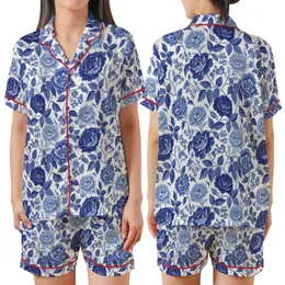 Women's Hand-Drawn Vintage Chintz Sapphire Azure Blue Rose Peony Leafy Botanical Pattern Satin Short-Sleeve Pajamas Set