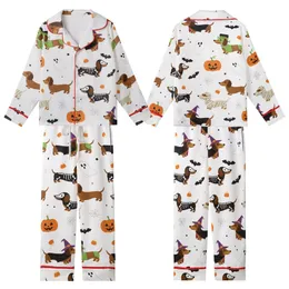 Dachshund Lovers' Whimsical Halloween Dachshund Costumes Pattern with Skeletons, Witches, Bats, Pumpkins, & Ghosts in Orange, Purple, Green Kid Satin Pajamas Set
