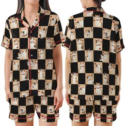 Cat Lovers' Whimsical Jet Black Peachy-Orange Checkerboard Cartoon Cat Heart Pattern Satin Short-Sleeve Pajamas Set