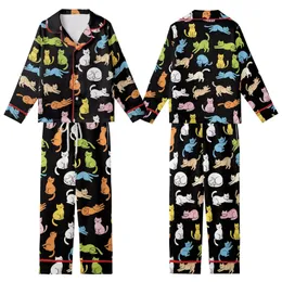 Cat Lovers' Playful Cartoon Cats Seamless Pattern with Multi-color Flat Art on Black Kid Satin Pajamas Set