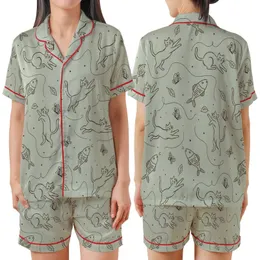 Cat Lovers' Whimsical Hand-Drawn Sketchy Cats Dark Brown Line Art Pale Sage Green Seamless Pattern Satin Short-Sleeve Pajamas Set