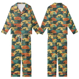 Cat Lovers' Retro Grunge Black Cats Yellow Eyes Distressed Teal Orange Stripes Semi-Circles Pattern Kid Satin Pajamas Set