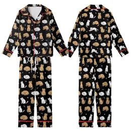 Cat Lovers' Cute Black Tan White Playful Cartoon Cats Paw Print Seamless Pattern Kid Satin Pajamas Set
