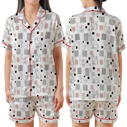 Cat Lovers' Minimalist Black Outline Cats Playful Poses White Desaturated Pink Geometric Squares Satin Short-Sleeve Pajamas Set