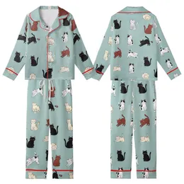 Cat Lovers' Playful Multi-Color Cartoon Cats Light Teal Flat Illustrative Seamless All-Over Print Pattern Kid Satin Pajamas Set