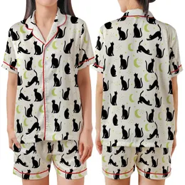 Cat Lovers' Minimalist Black Cat Silhouette Playful Poses Off-White Pale Lime Green Moon Star Pattern Satin Short-Sleeve Pajamas Set