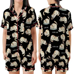 Cat Lovers' Seamless Black Kawaii Flat 2D Cartoon Cats Playful Sleepy Tan Brown White Pink Outline Pattern Satin Short-Sleeve Pajamas Set
