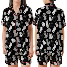 Cat Lovers' Cute Stylized Black White Grey Pastel Pink All-Over Cartoon Cat Pattern Satin Short-Sleeve Pajamas Set