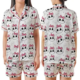 Whimsical Cat Lovers' Hand-Drawn Cute Feline Faces Hot Pink Polka Dot Bows White Pattern Satin Short-Sleeve Pajamas Set