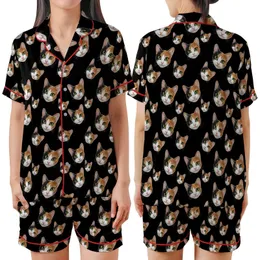 Cat Lovers' Realistic Calico Cat Faces Pattern Orange White Black Fur Vivid Green-Yellow Eyes Solid Black Background Satin Short-Sleeve Pajamas Set