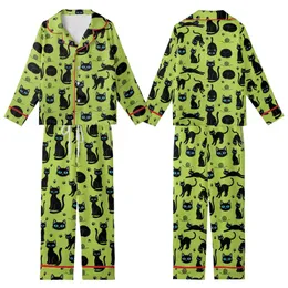 Cat Lovers' Whimsical Lime Green Black Cat Silhouettes Blue-Eyed Heads Pattern Kid Satin Pajamas Set