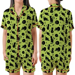 Cat Lovers' Playful Black Cat & Tiny Mouse Silhouette All-Over Vibrant Lime Green Design Satin Short-Sleeve Pajamas Set