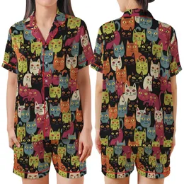 Cat Lovers' Whimsical Hand-Drawn Folk Art Charcoal Black Rust Sage Cream Feline Pattern Satin Short-Sleeve Pajamas Set