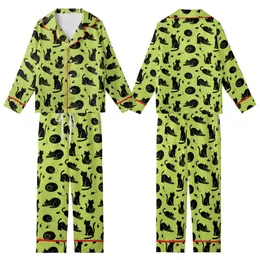 Cat Lovers' Playful Black Cat & Tiny Mouse Silhouette All-Over Vibrant Lime Green Design Kid Satin Pajamas Set