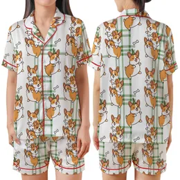 Corgi Lovers' Whimsical Ginger Orange Cream Corgi Stack Flat Art Forest Green Tartan Pattern Satin Short-Sleeve Pajamas Set