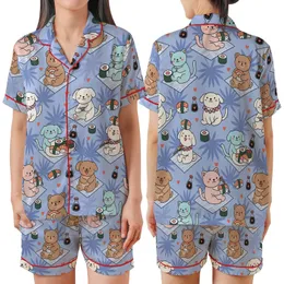 Whimsical Animal & Sushi Lovers' Cartoon Pastel Pink Blue Periwinkle Tropical Sushi Picnic Palm Pattern Satin Short-Sleeve Pajamas Set